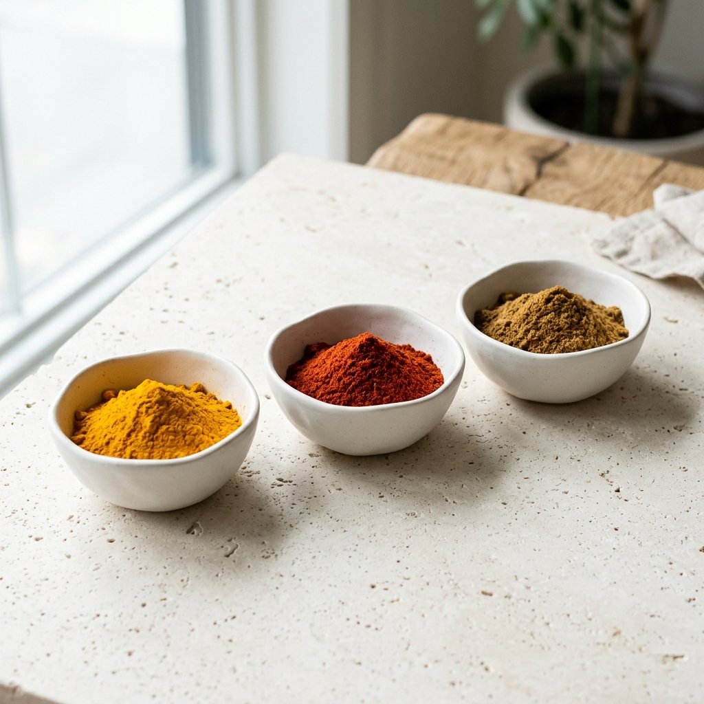 Aesthetic arrangement of Indian spices: turmeric, chili, and cumin powder