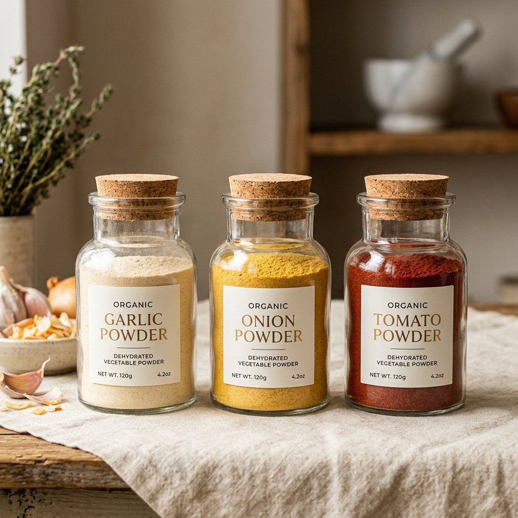 Clear jars of premium dehydrated garlic, onion, and tomato powders